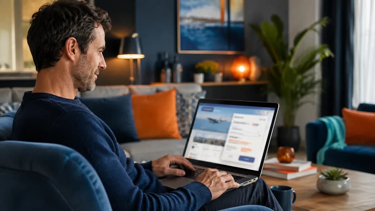 Man booking a plane ticket on his laptop from his couch, via an agency or an OTA