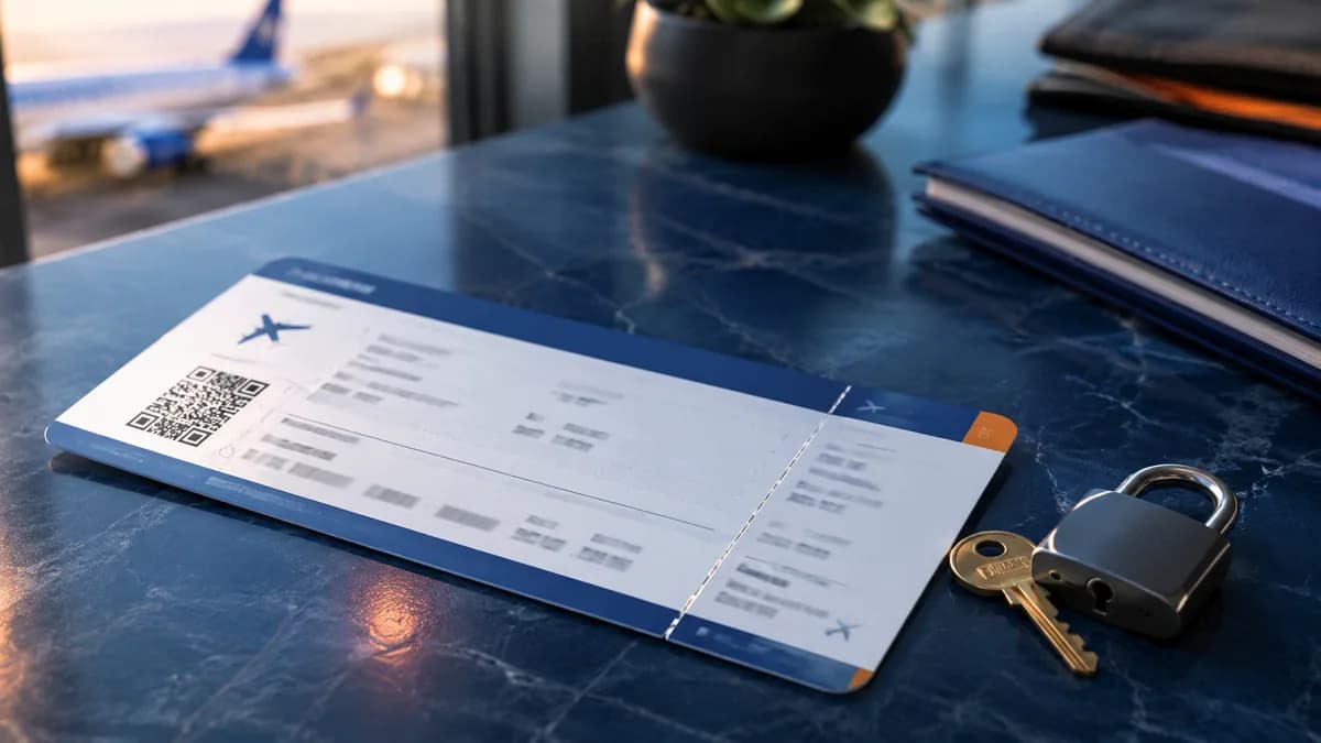 Plane ticket with a padlock and a key, illustrating a non-refundable plane ticket