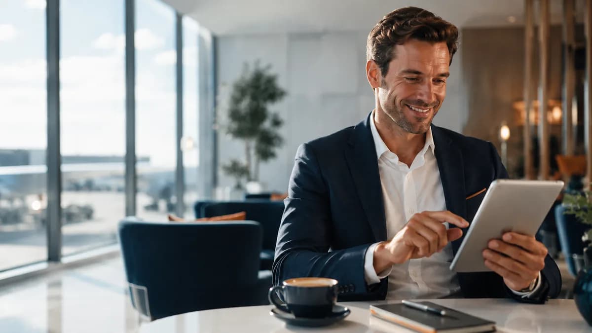 Man checking a tablet to understand the flight tax refund procedure