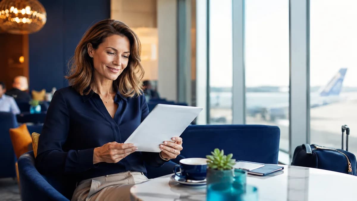 Woman checking a tablet in an airport lounge to access premium tax refund guides