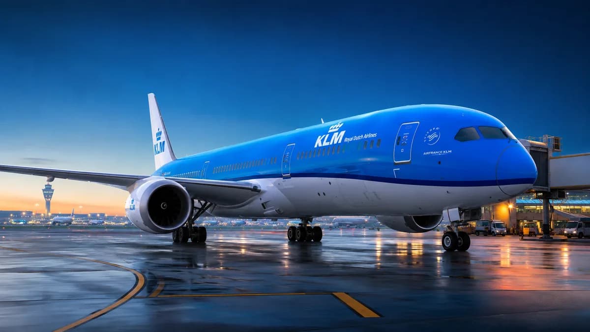 KLM plane on the tarmac in front of the terminal, illustrating the KLM tax refund process