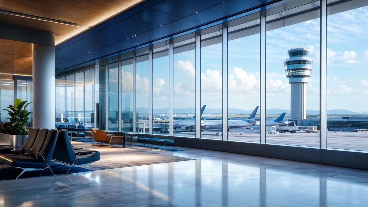 Airport hall with a view of the control tower, illustrating an airport tax refund