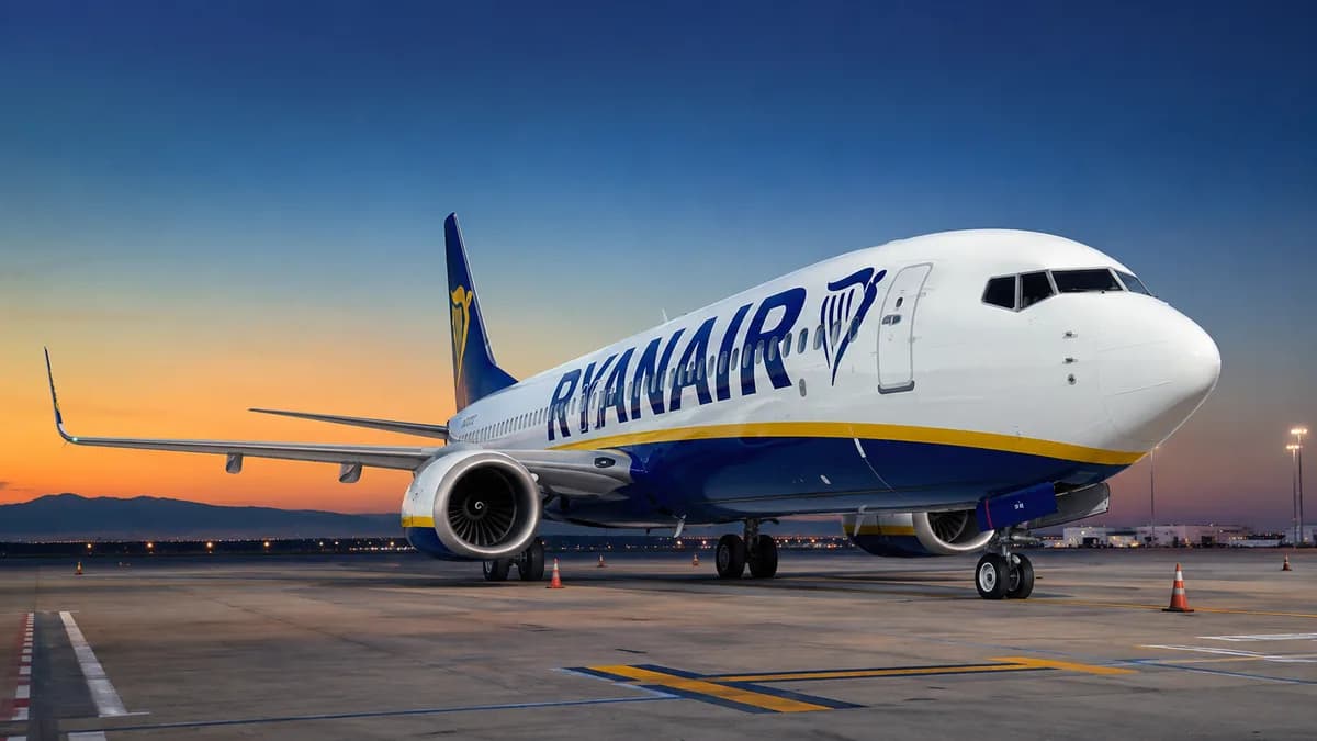 Ryanair plane on the tarmac in front of the terminal, illustrating the Ryanair tax refund process