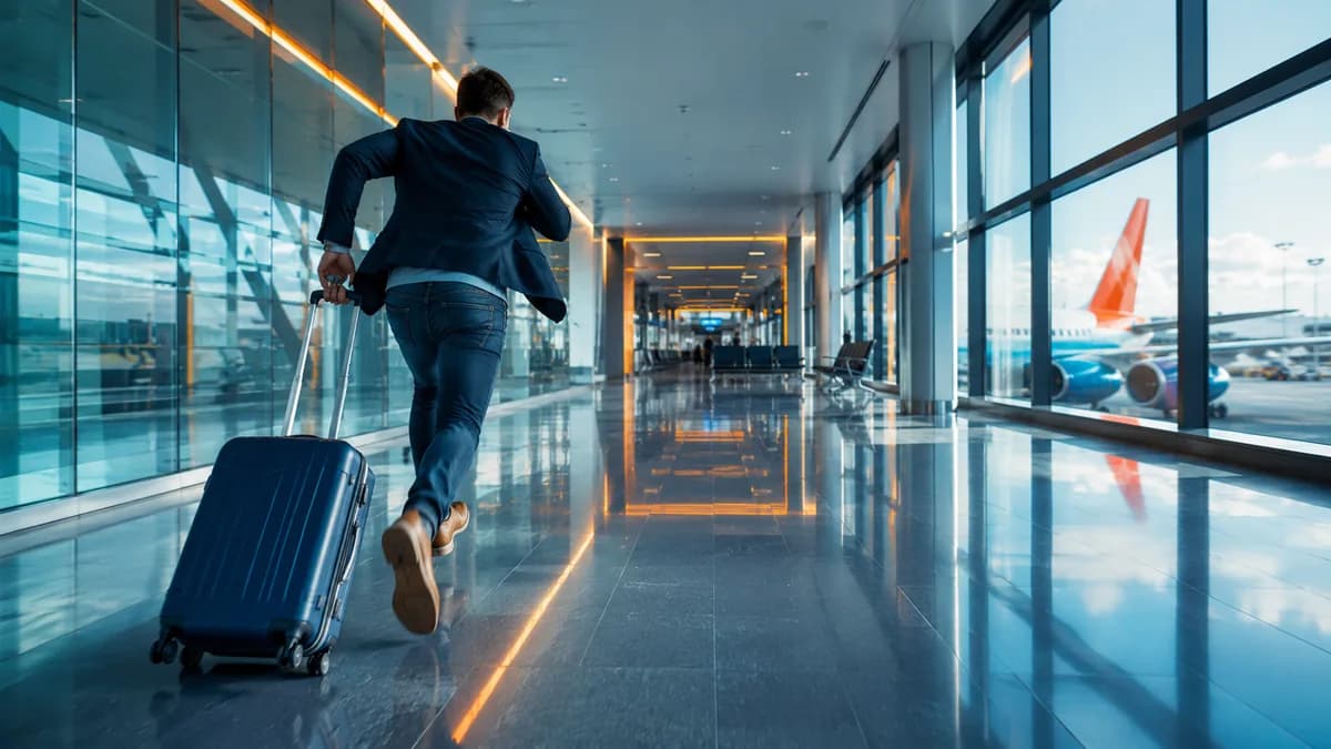 Man running with a suitcase in an airport, illustrating a missed flight and its tax refund request