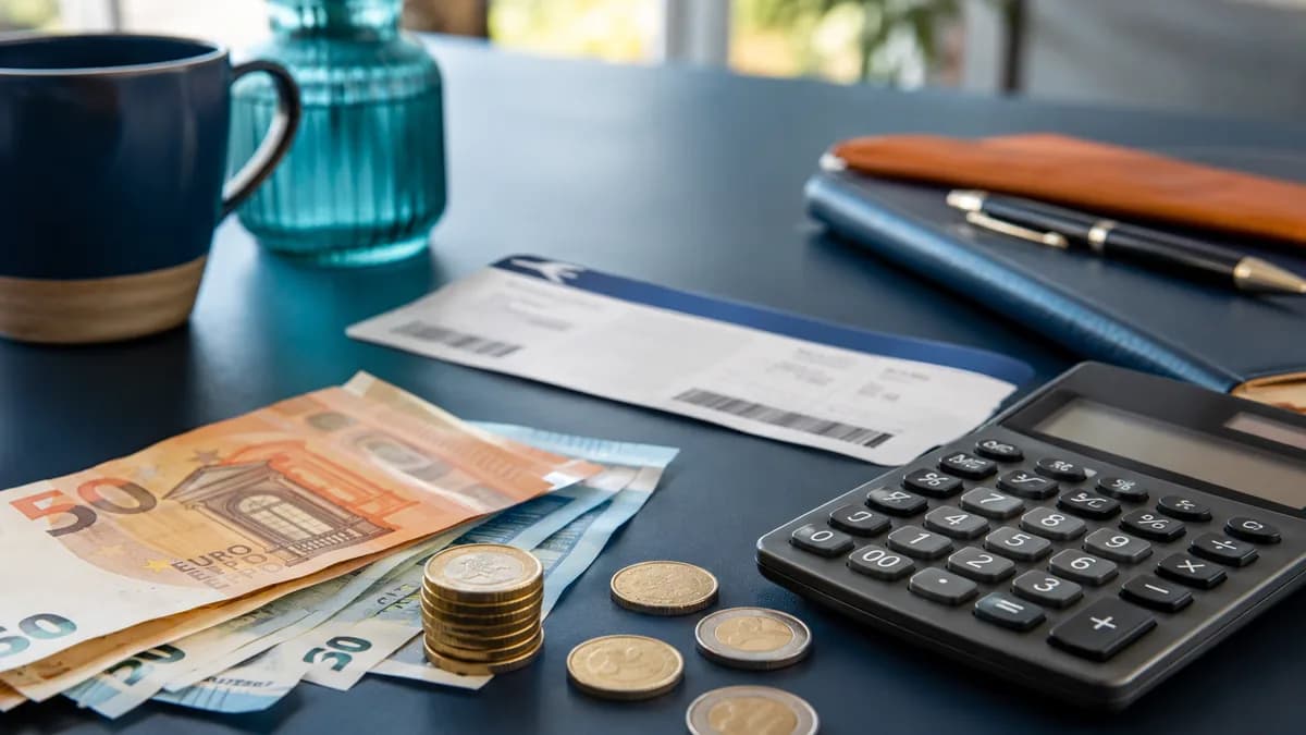 Plane ticket, calculator and banknotes to estimate the amount of recoverable taxes