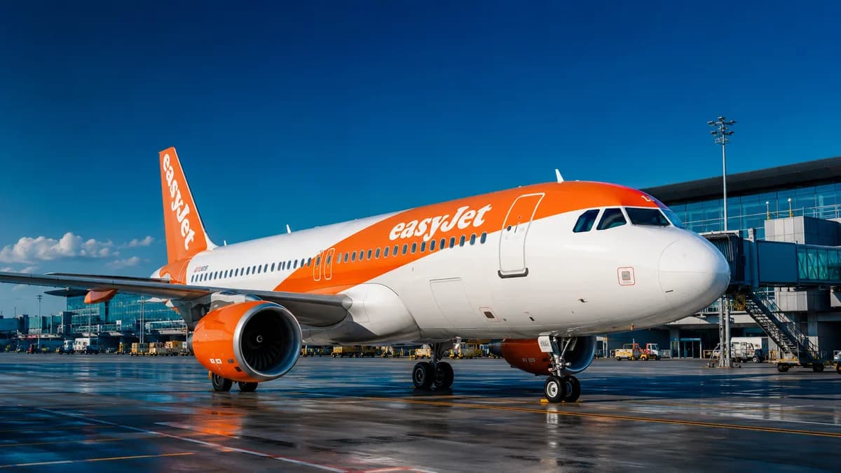 Orange easyJet plane on the tarmac in front of the terminal, illustrating the easyJet tax refund process