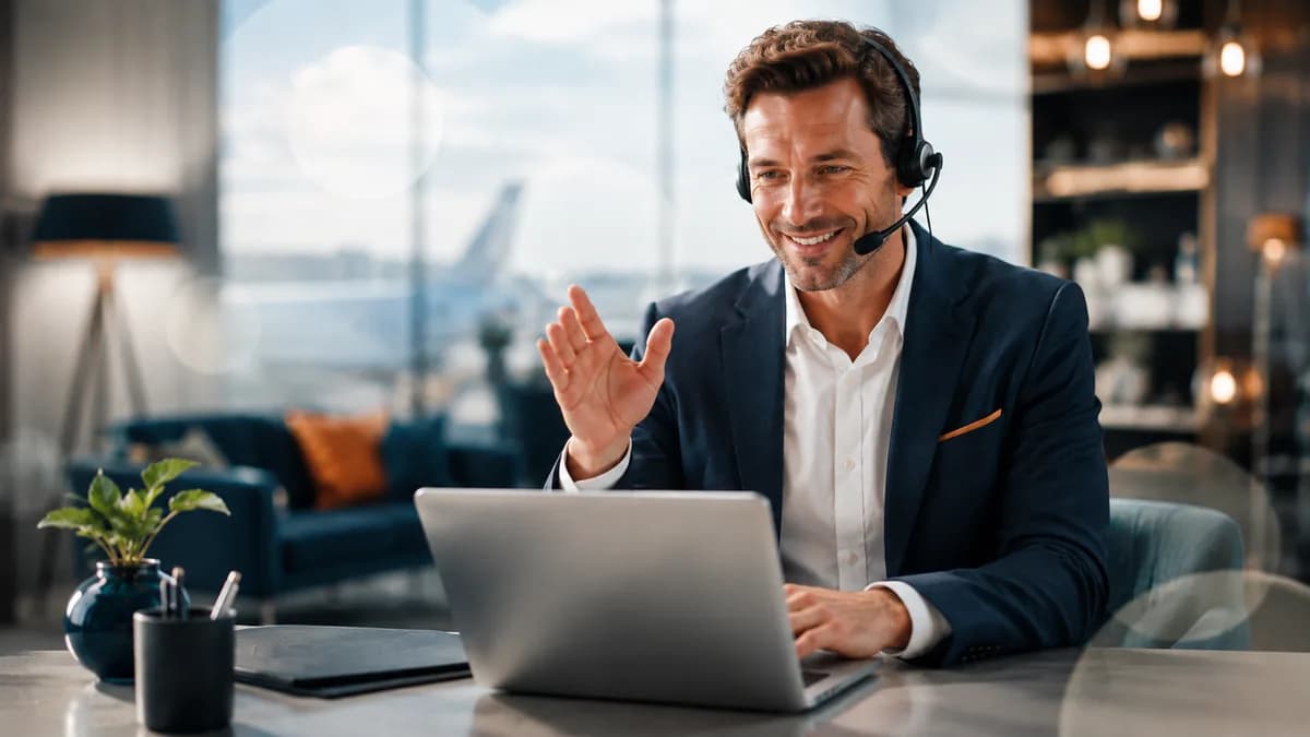 Advisor with a headset answering frequently asked questions about flight tax refunds