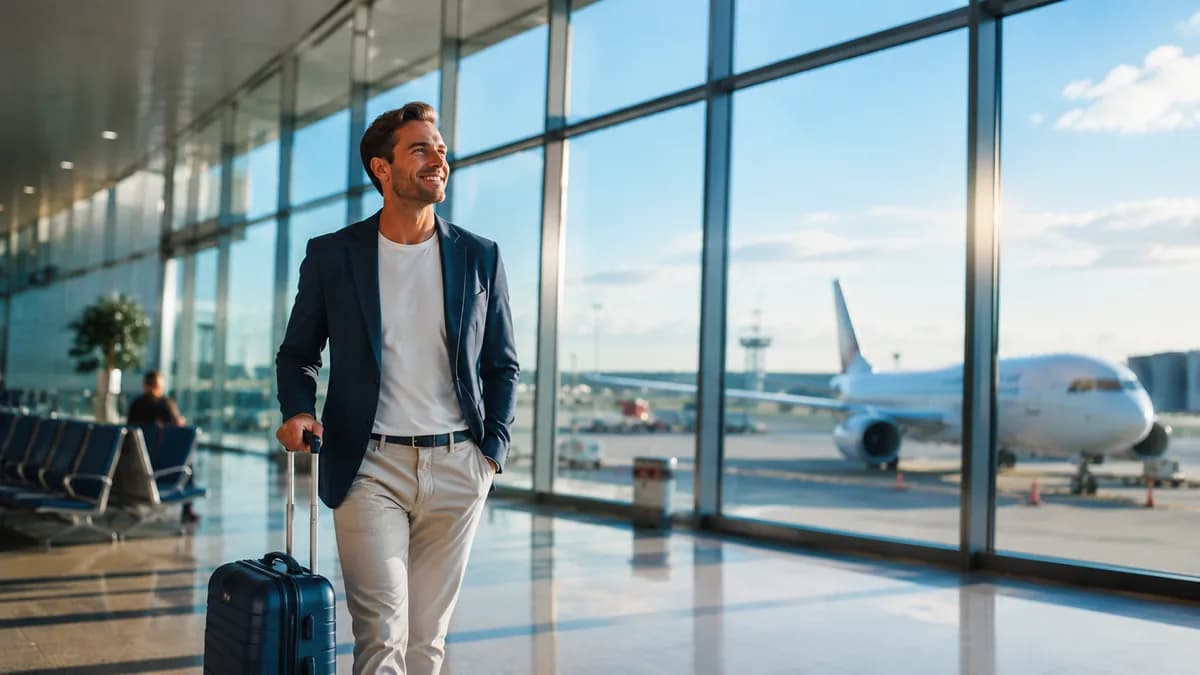 Traveler with a suitcase at an airport, illustrating the tax refund process for an unused plane ticket